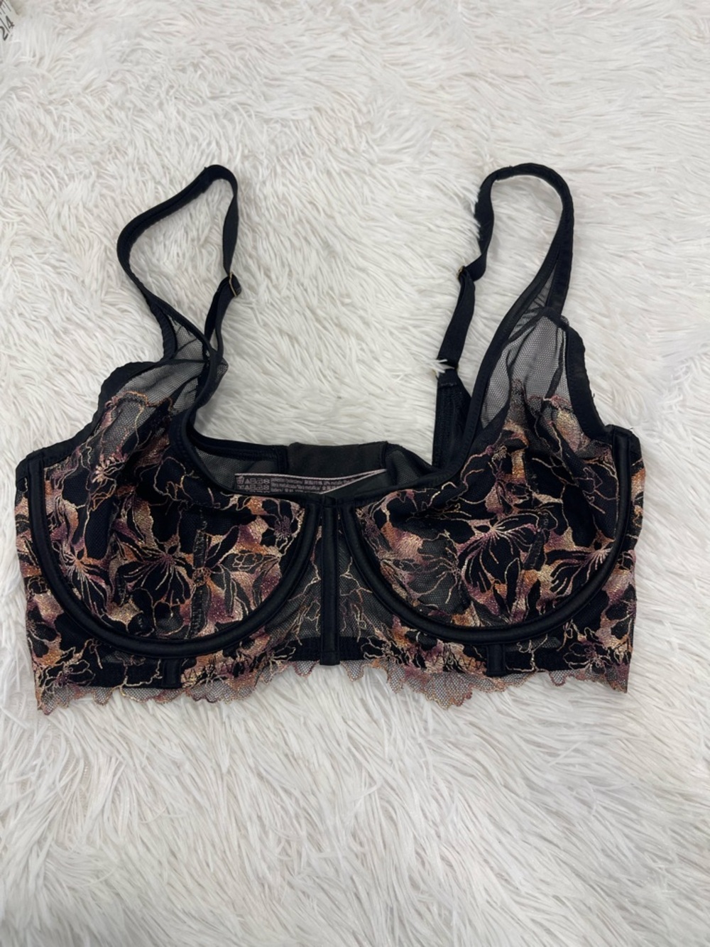 Victoria's Secret Black Bra with Rose Gold Floral Embroidery
